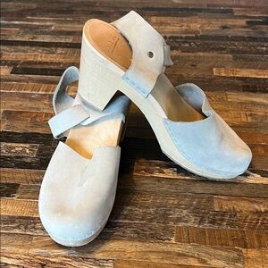 Bryr Emma Cement Suede Clog Mules with Block Heel and Back Strap